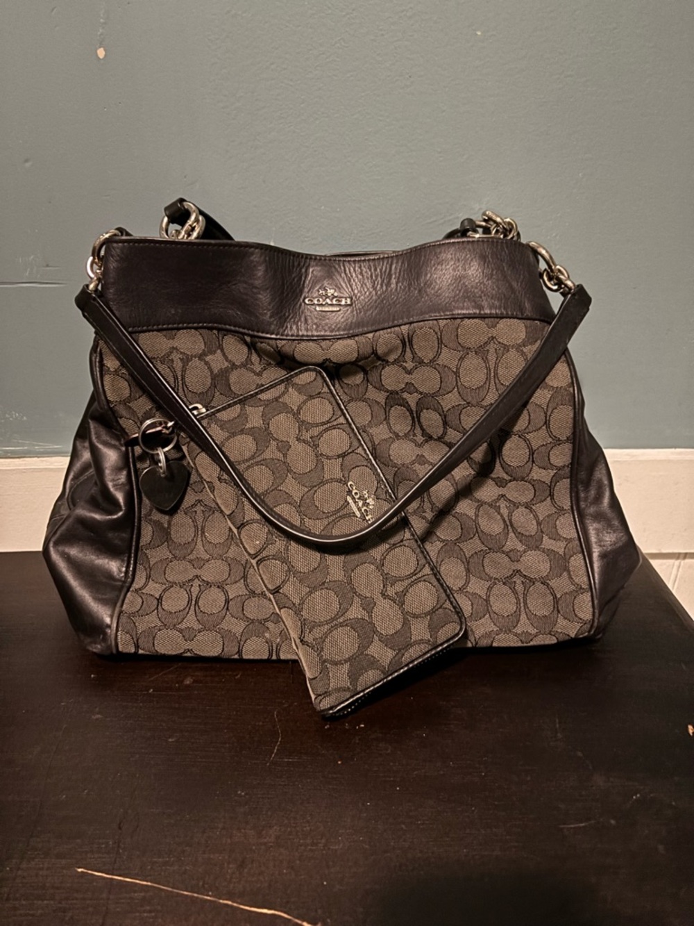 Sold Coach Brown and Black Signature Canvas Shoulder Bag with Wallet